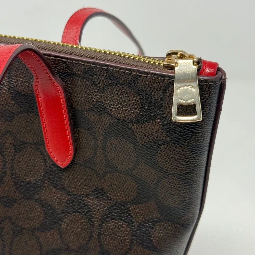 Coach Zip Top Tote Signature Canvas Brown Red CX611 Shoulder Bag